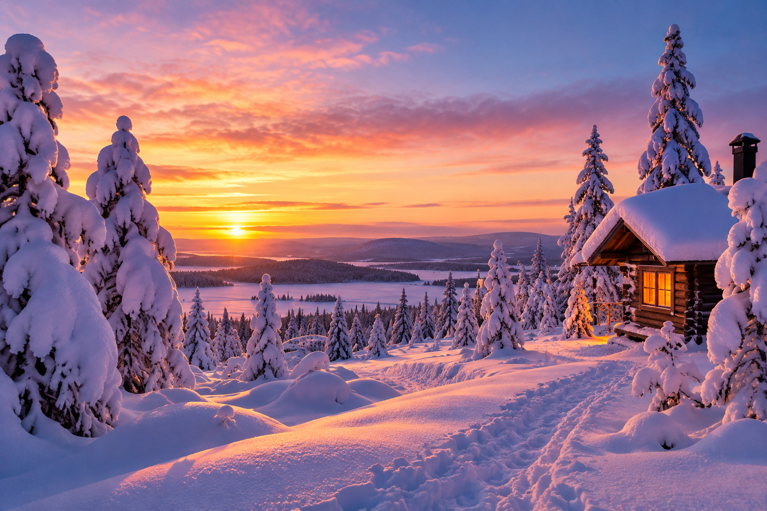 La magia dell'inverno in Lapponia finlandese Paesaggio invernale della Lapponia finlandese, con boschi innevati e baita al tramonto